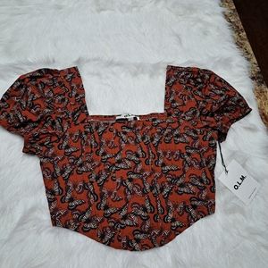 O.L.M. Ladies Puffy Sleeves Orange/Brown Butterfly Pattern Crop Corset Top